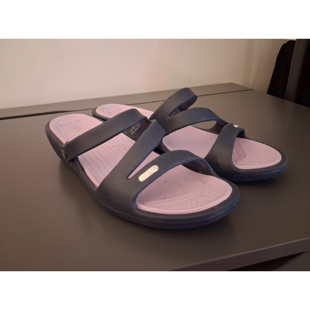 Crocs Monterey Strappy Wedge Sandals Womens 11 Navy Blue Lavender Slip On New